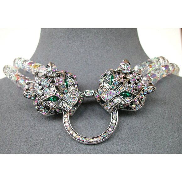 EYE CANDY LUXE COLLECTION AURORA BOREALIS DUAL CRYSTAL CUBE PANTHER NECKLACE - Picture 2 of 3